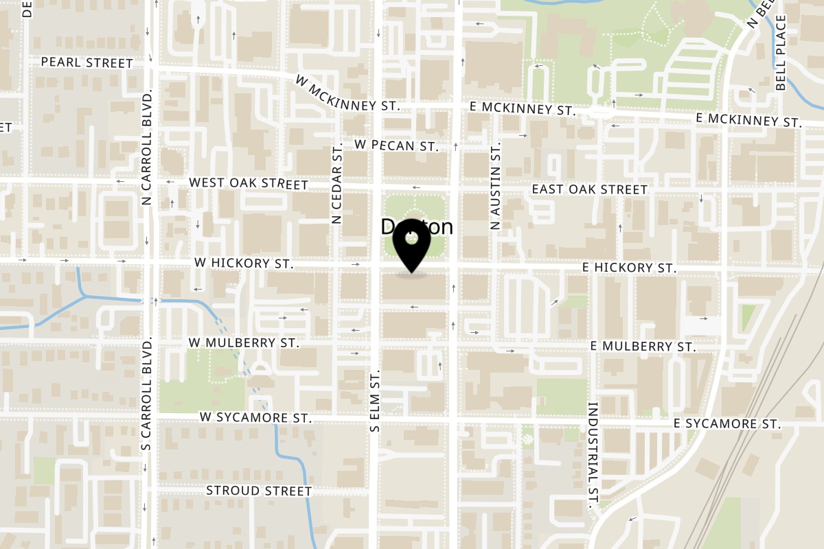 Map showing the location of LSA Burger Co. Denton on 113 W Hickory St in Denton